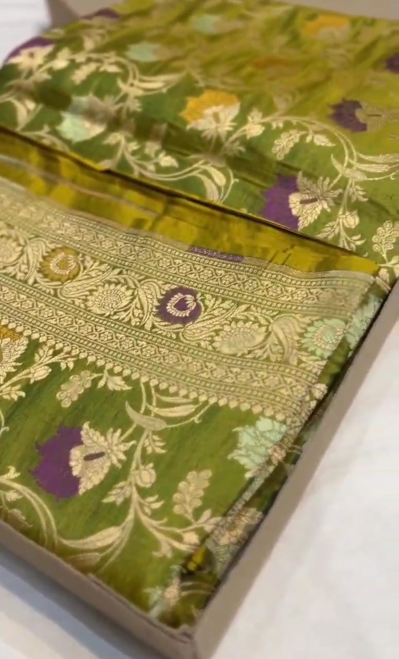 Dual Tone Mehandi Banarasi Handloom Katan Silk Meenakari Saree