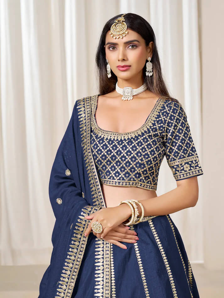 Navy Blue Art Silk Embroidered Lehenga Choli