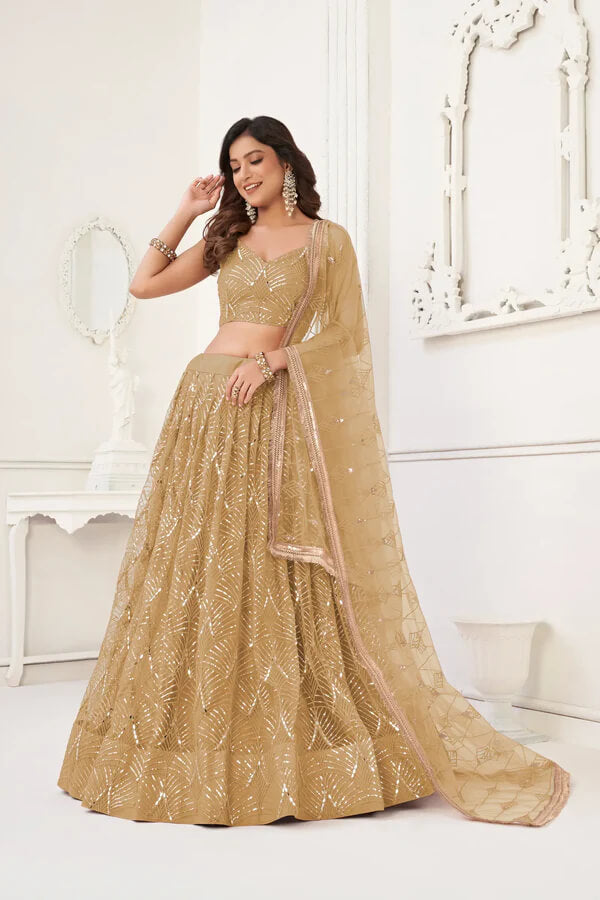 Chic Dark Beige Net Lehenga for Sangeet & Functions