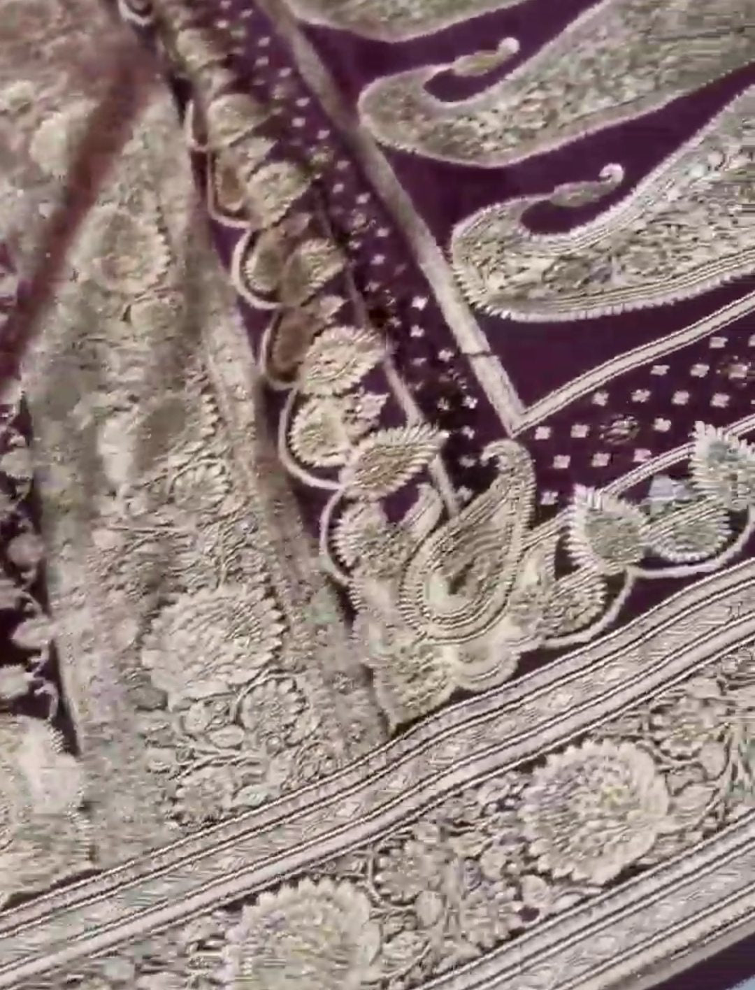 Wine Banarasi Satin Katan Silk Swarovski Jangla Saree
