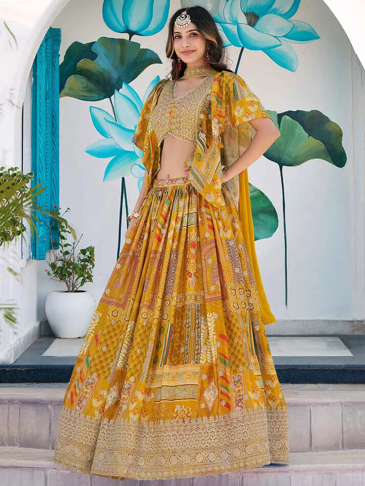 Yellow Digital Print Lehenga with Choker Dupatta