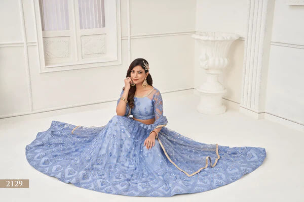 Wedding Wear Sky Blue Net Lehenga Choli with Sequins Embroidery