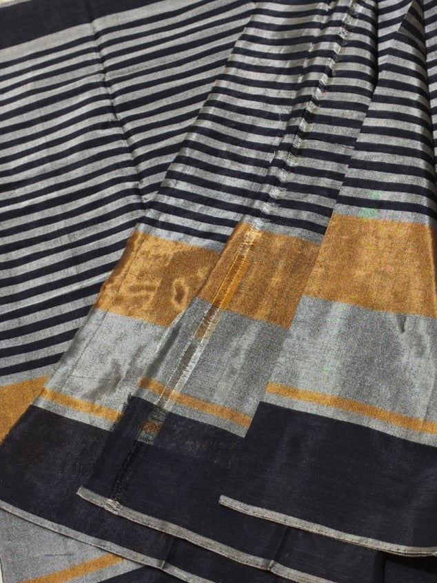 Gold, Silver & Black Chanderi Handloom Metallic Tissue Silk Contemporary Saree