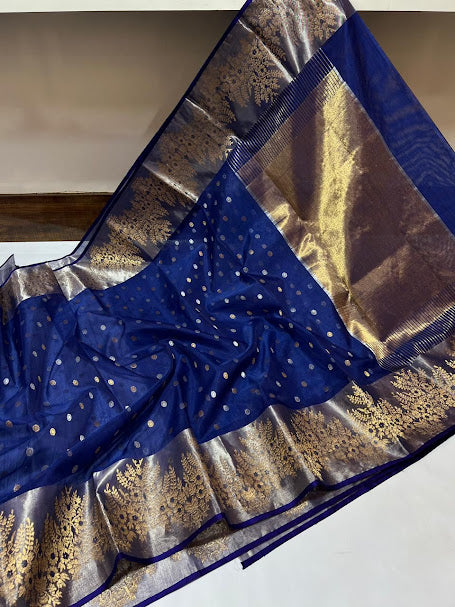 Midnight Blue Chanderi Handloom Katan Silk Meenakari Saree
