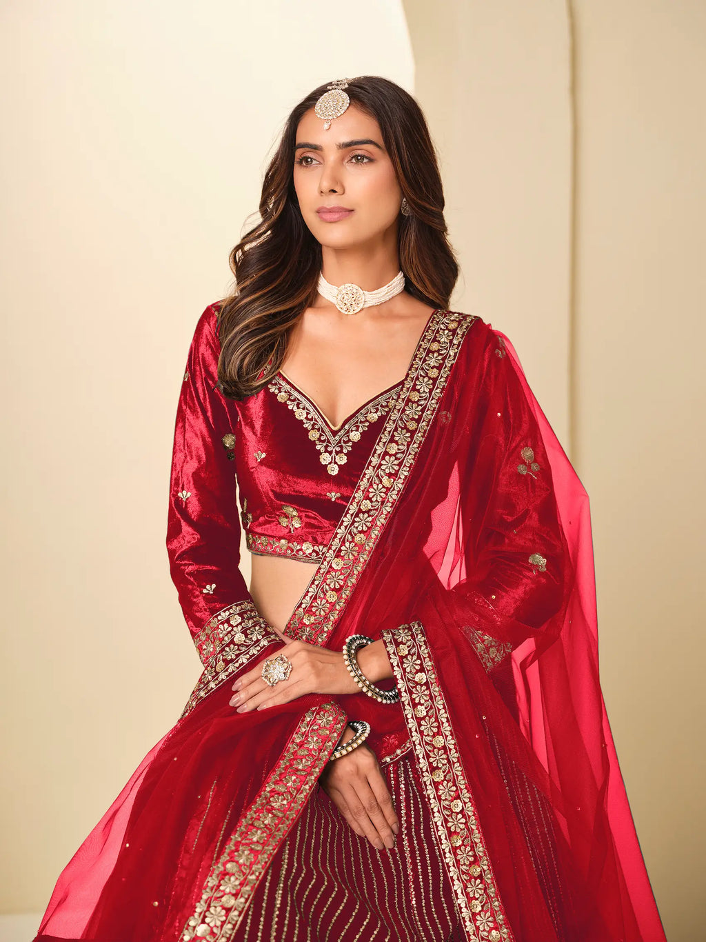 chili Red Sequins Embroidery Work Velvet Lehenga Choli