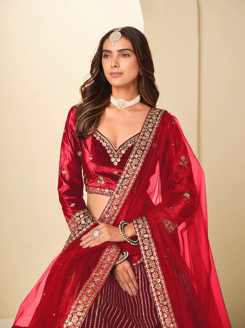 Chili Red Sequins Embroidery Work Velvet Lehenga Choli