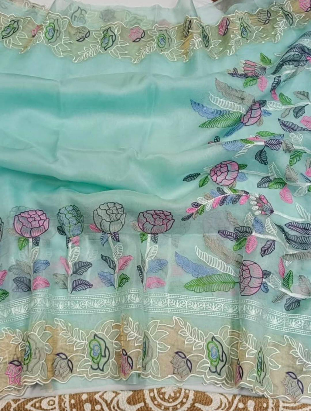 Havgrøn Banarasi håndvævet silke Paithani broderi Saree
