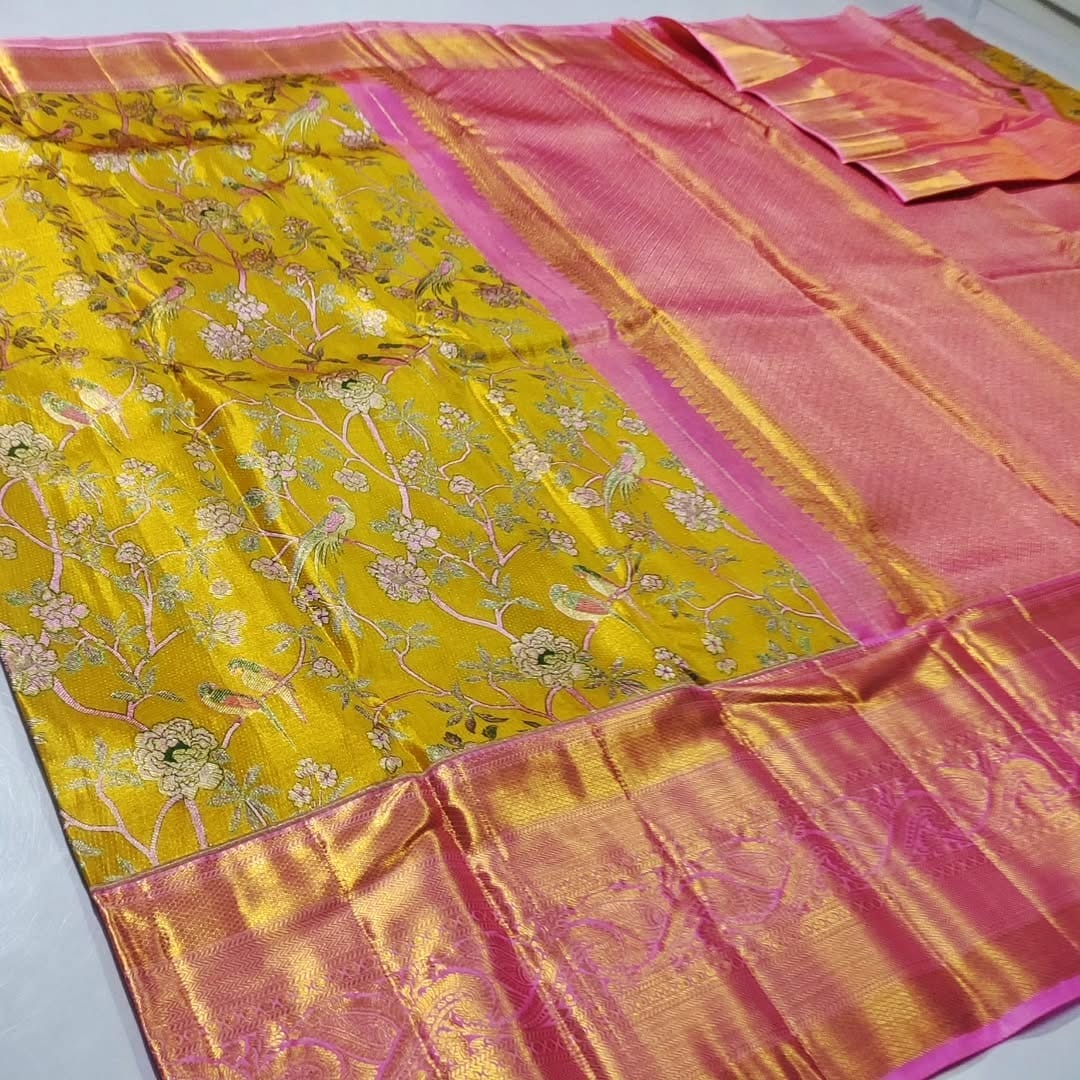 Mustard Kanchipuram Handloom 4D Tissue Brocade Silk Saree