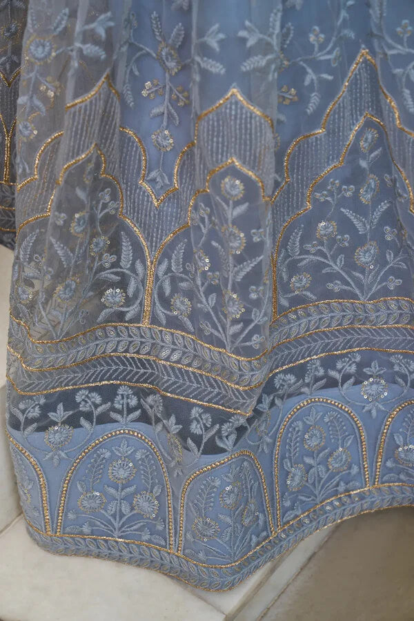 Stylish Blue Grey Net Lehenga Choli with Thread Work