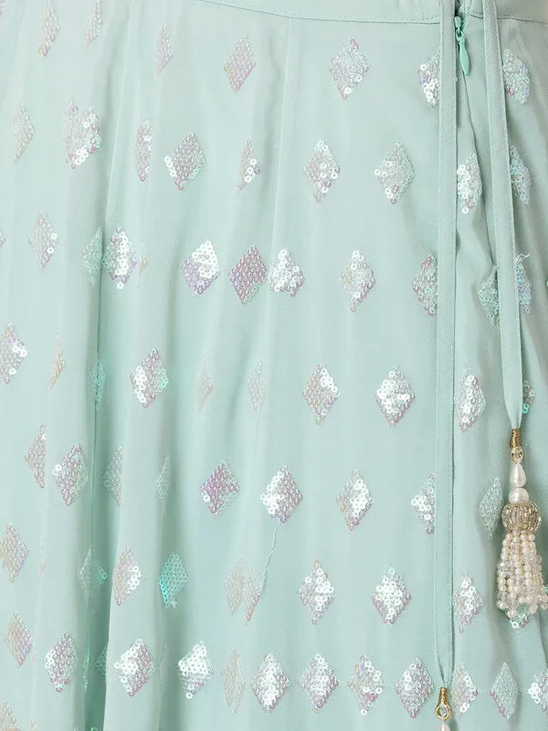 Sky Blue Party Lehenga with Sequins & Ruffle Dupatta