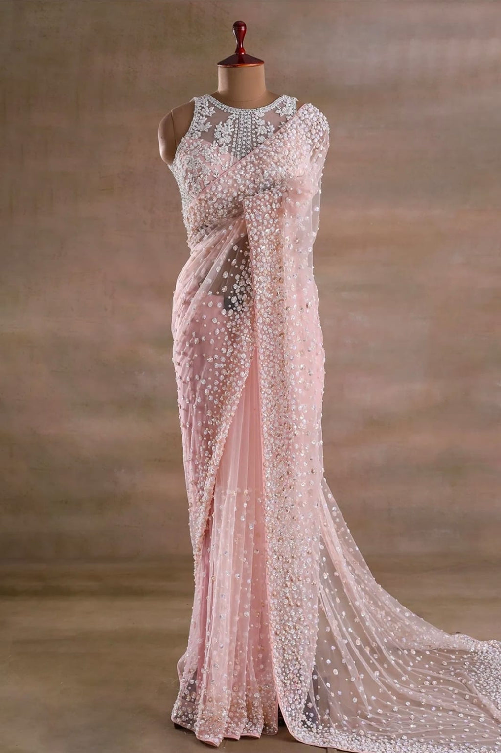 Baby Pink Hand Embroidered Satin Net Saree