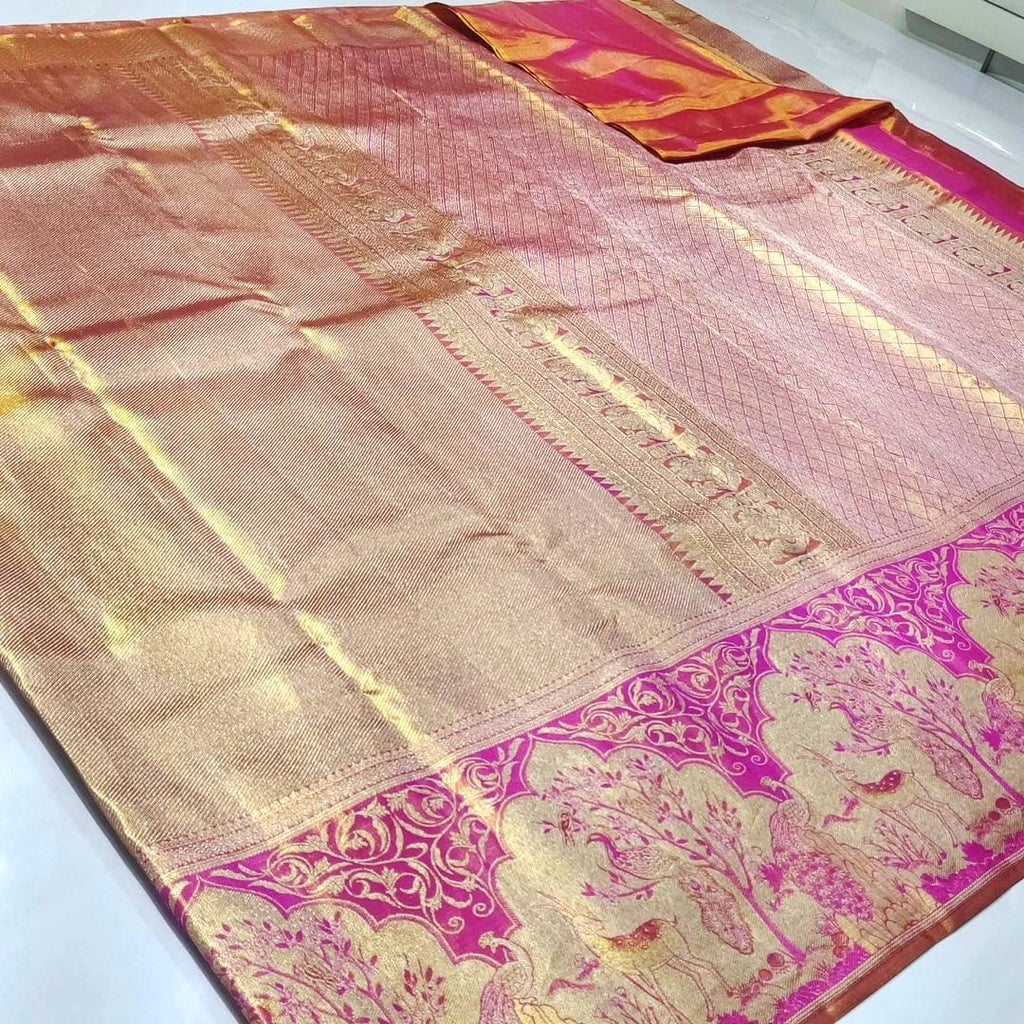 Gold & Hot Pink Kanchipuram Handloom Tissue Brocade Meenakari Silk Saree