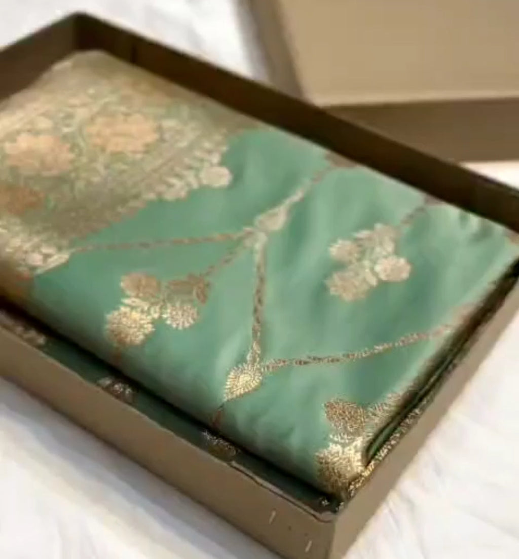 Pastel Sea Green Banarasi Satin Katan Silk Saree