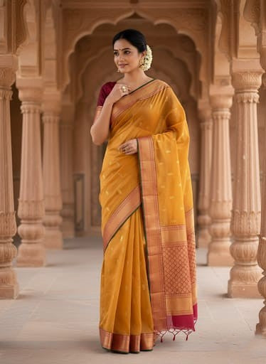 Dual Tone Mustard Chanderi Håndvævet Katan Tissue Silke Saree