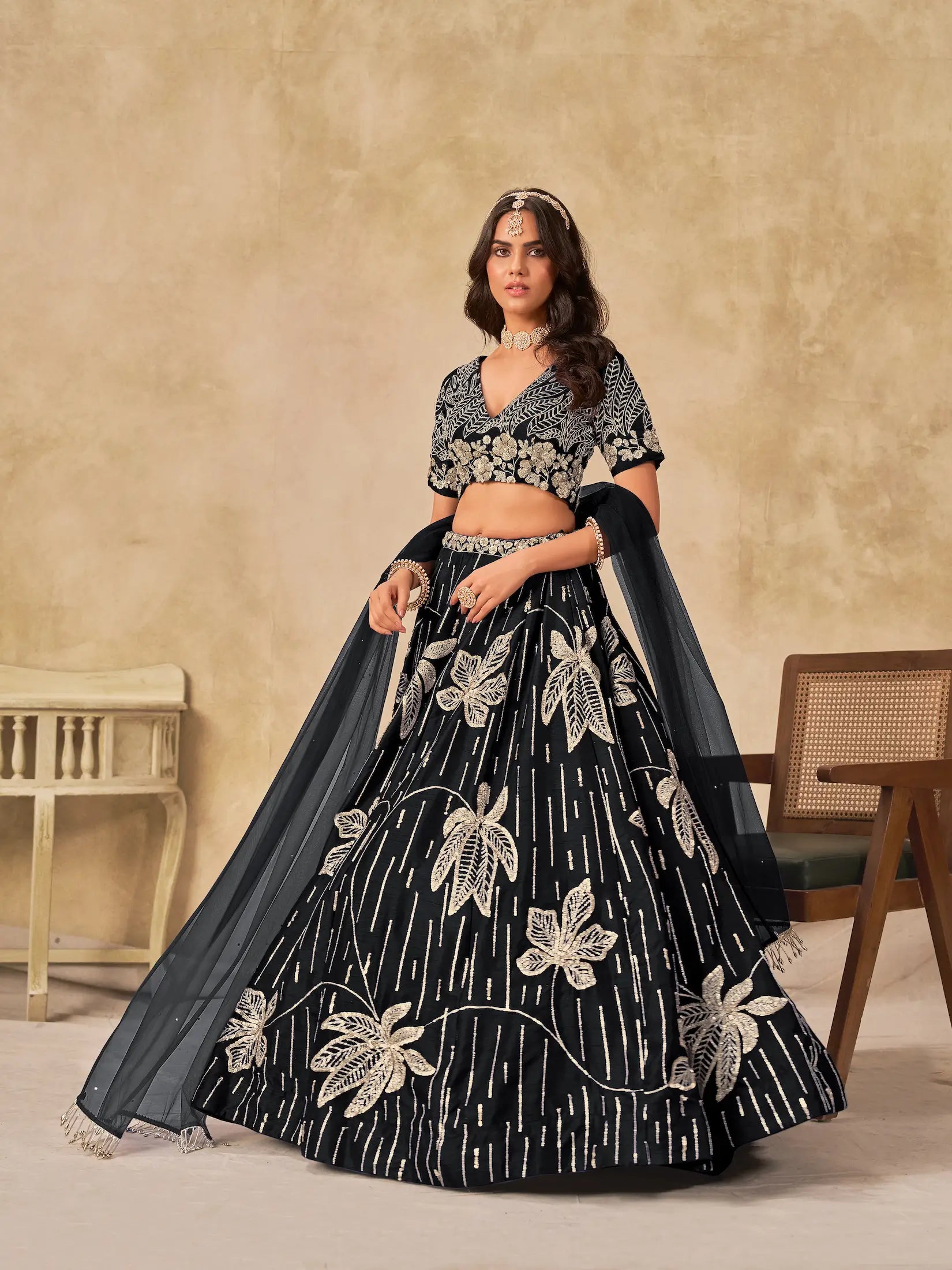 Black Sequins Embroidery Work Art Silk Lehenga Choli