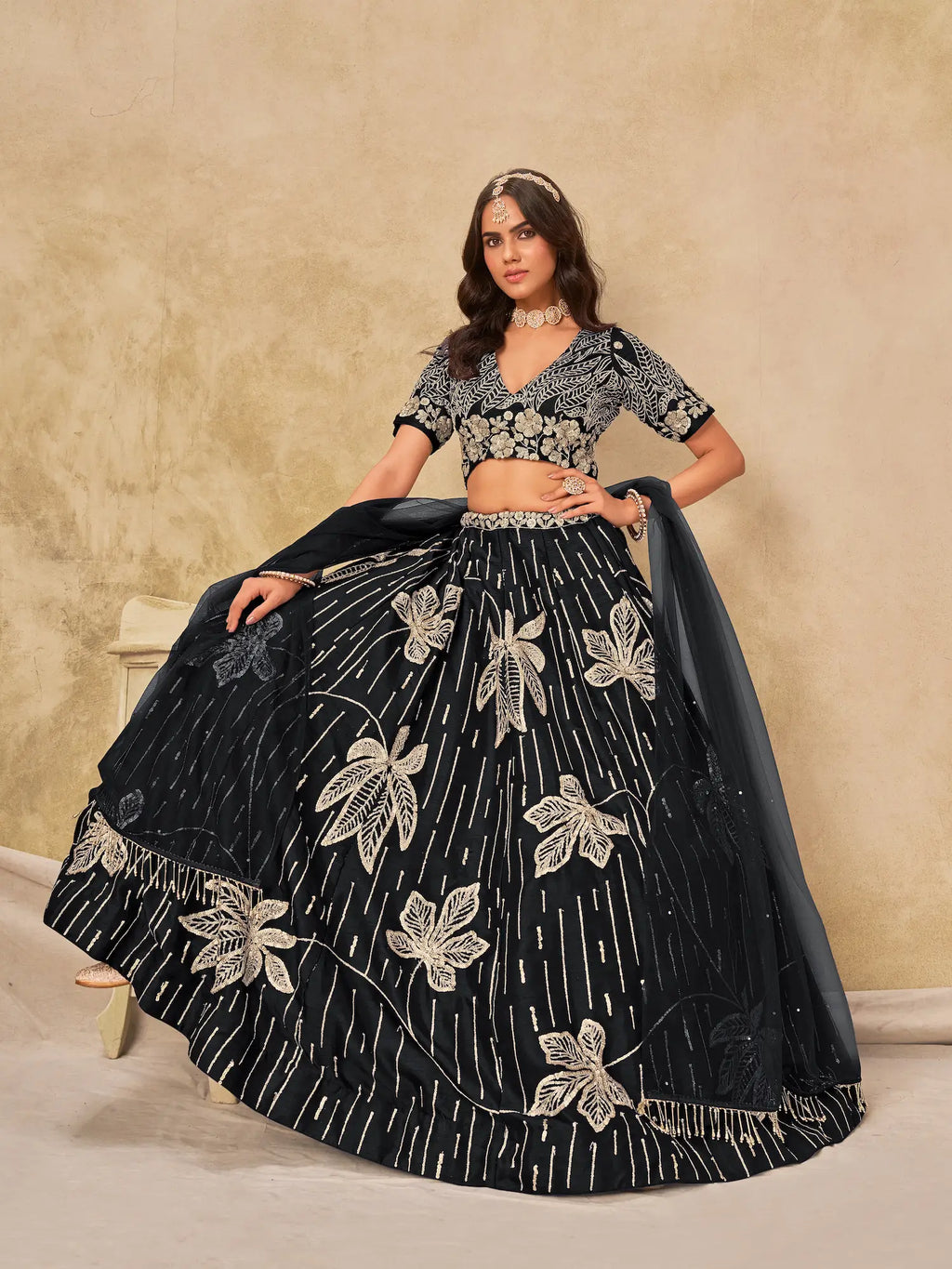 Black Sequins Embroidery Work Art Silk Lehenga Choli
