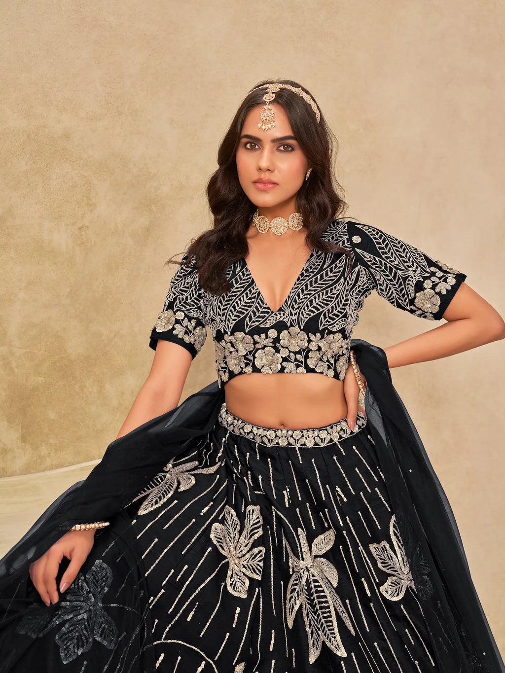 Black Sequins Embroidery Work Art Silk Lehenga Choli