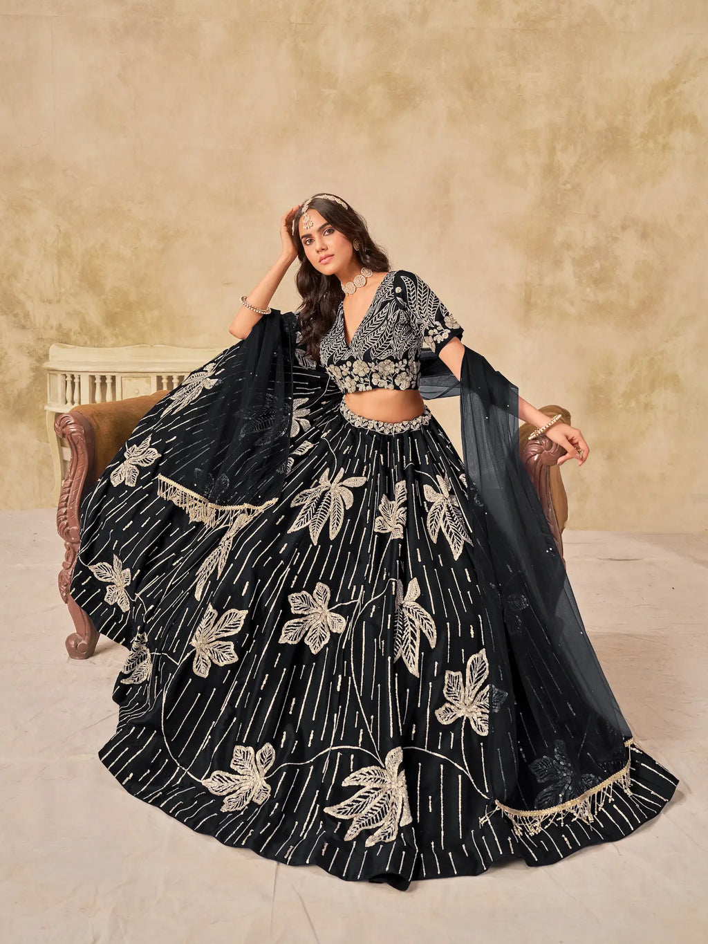 Black Sequins Embroidery Work Art Silk Lehenga Choli