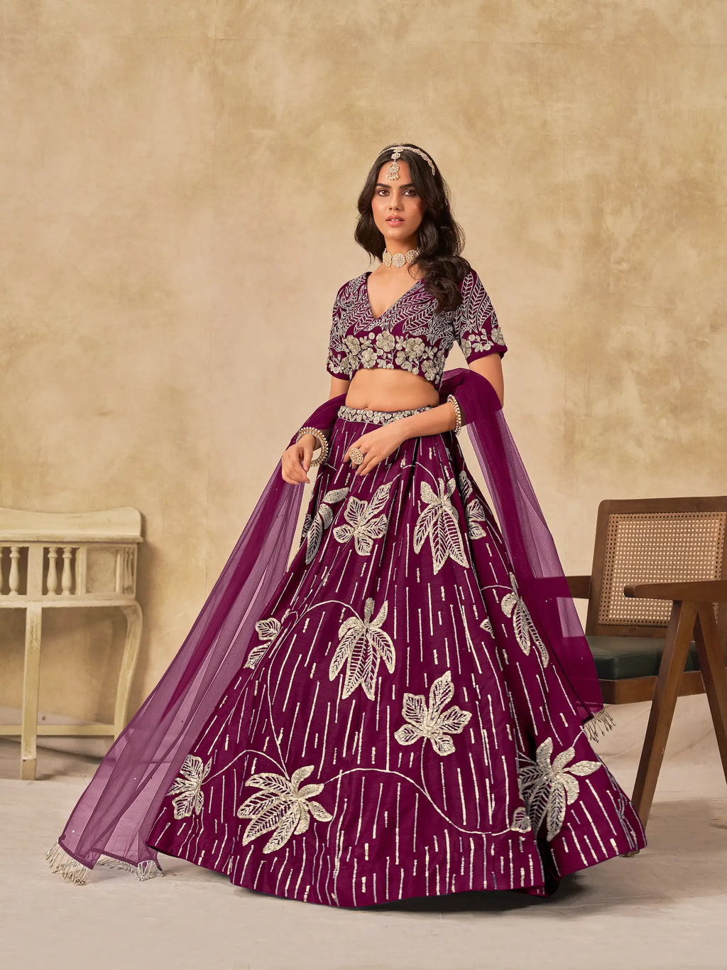 Wine Sequins Embroidery Work Art Silk Lehenga Choli