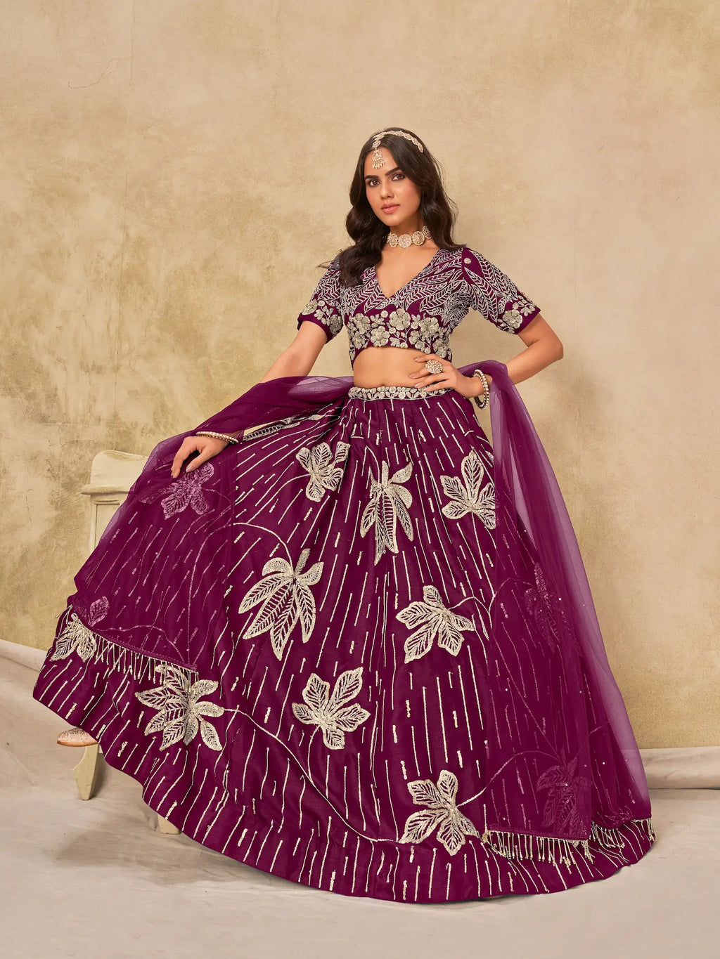 Wine Sequins Embroidery Work Art Silk Lehenga Choli