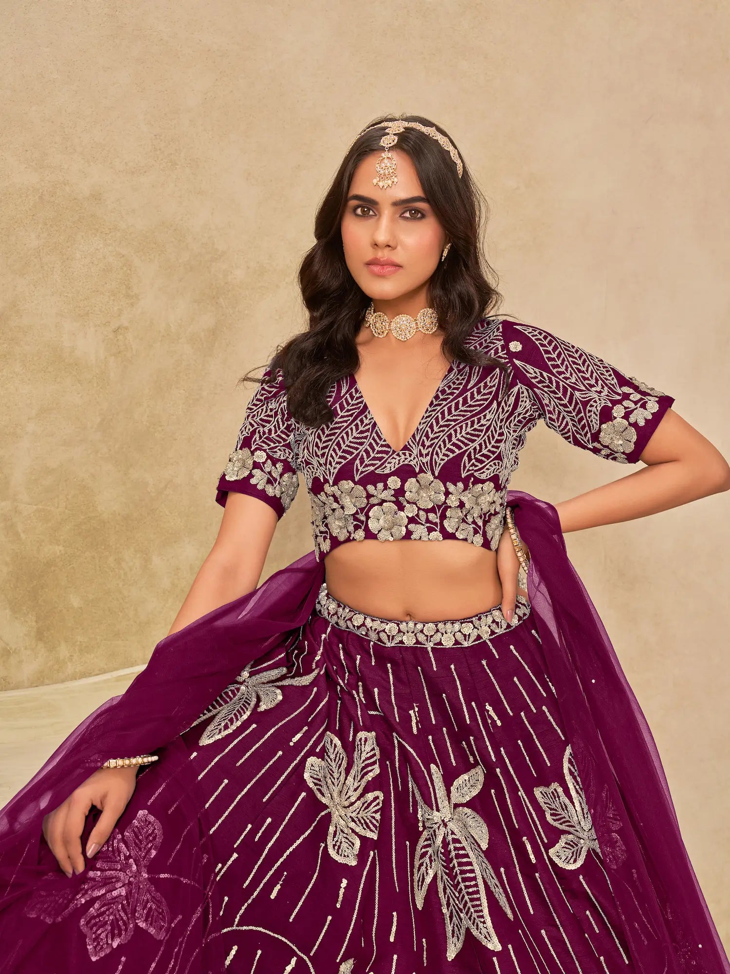 Wine Sequins Embroidery Work Art Silk Lehenga Choli