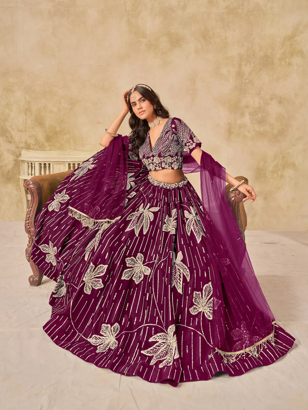 Wine Sequins Embroidery Work Art Silk Lehenga Choli