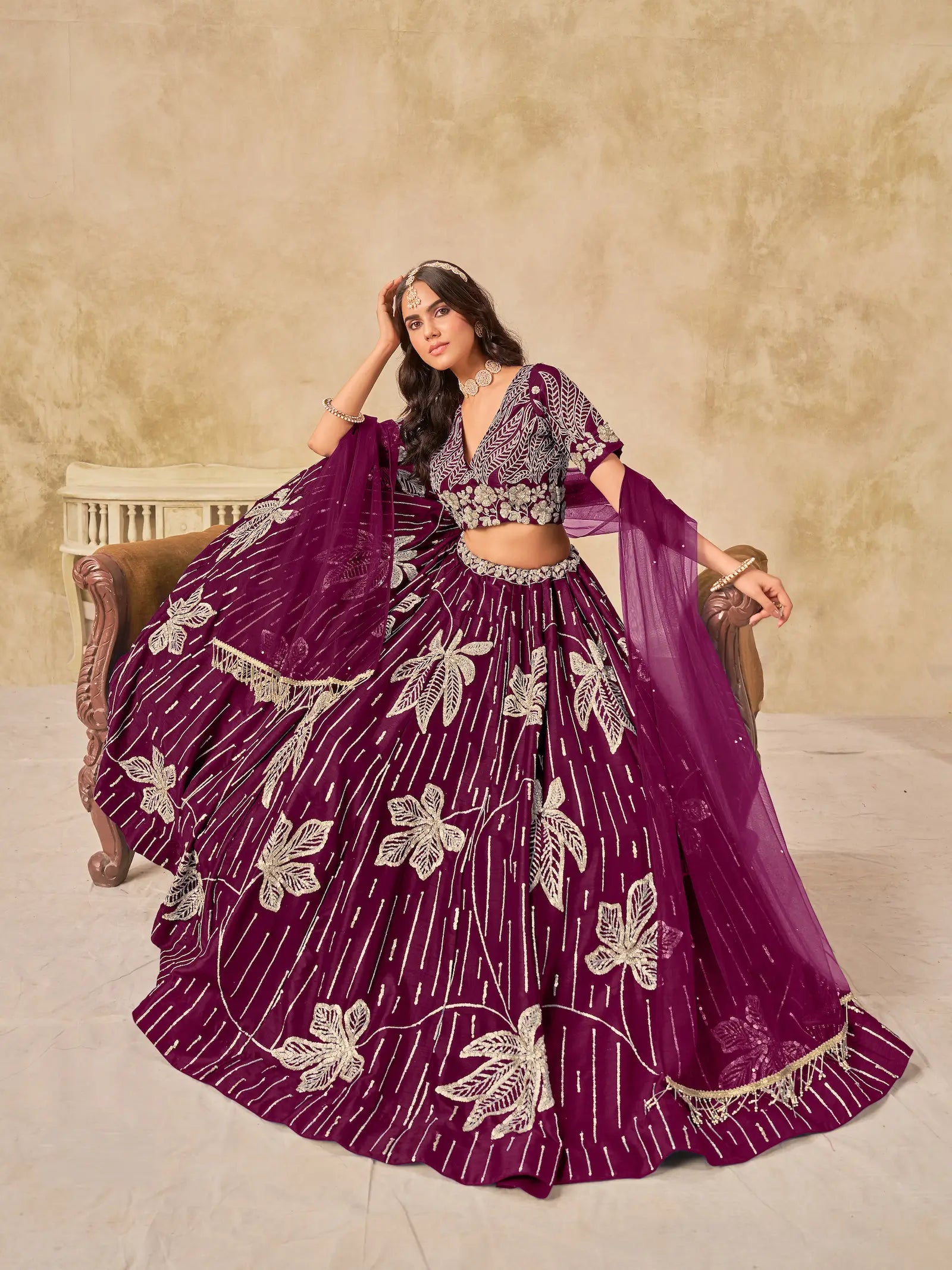 Wine Sequins Embroidery Work Art Silk Lehenga Choli
