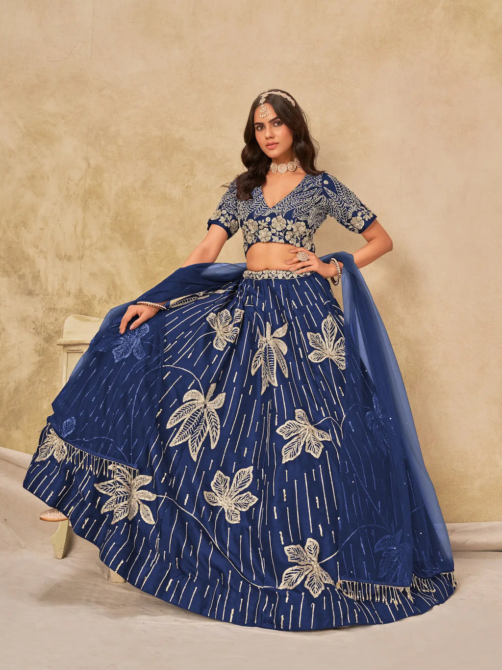 Navy Blue Sequins Embroidery Work Art Silk Lehenga Choli