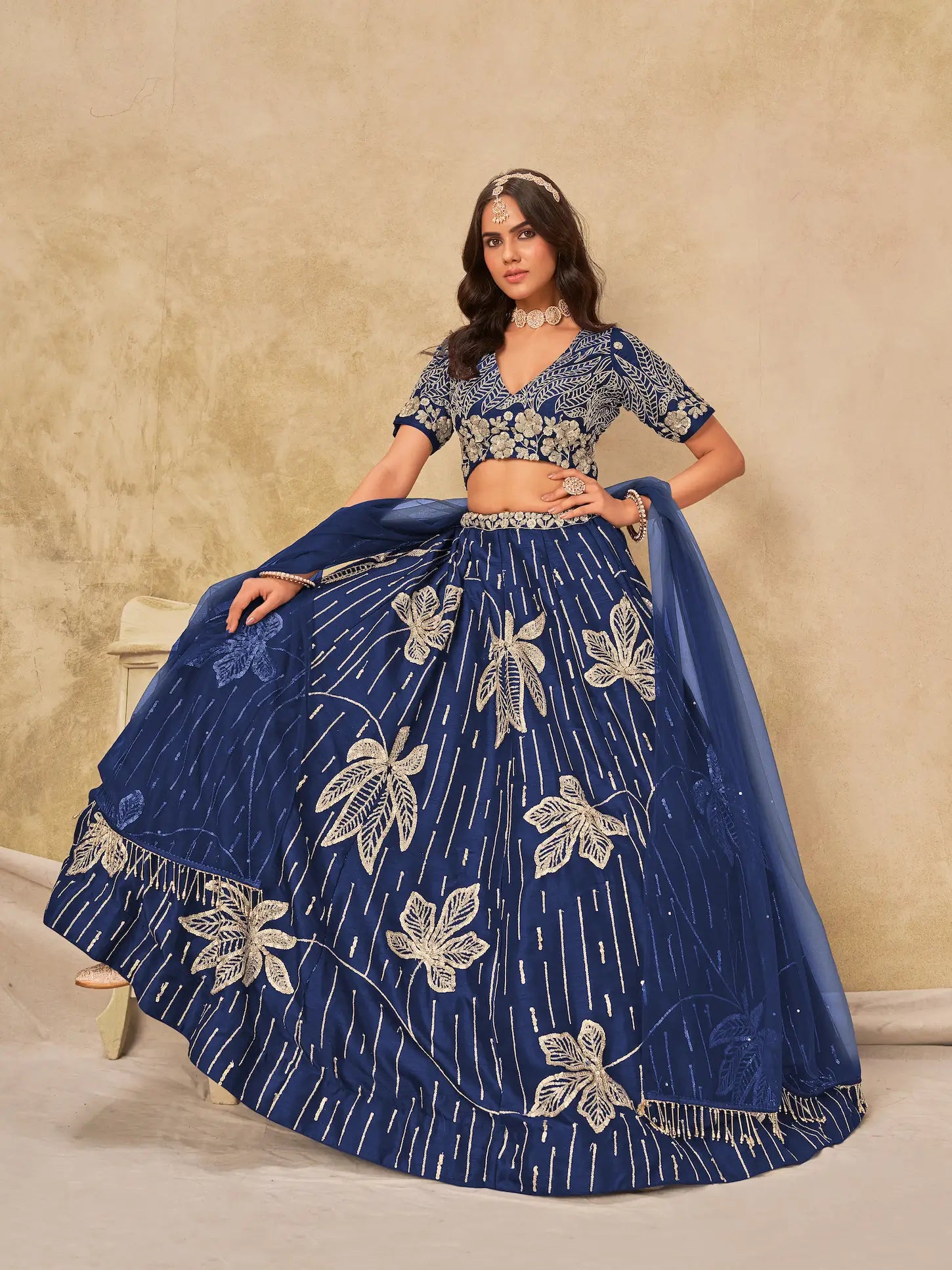 Navy Blue Sequins Embroidery Work Art Silk Lehenga Choli