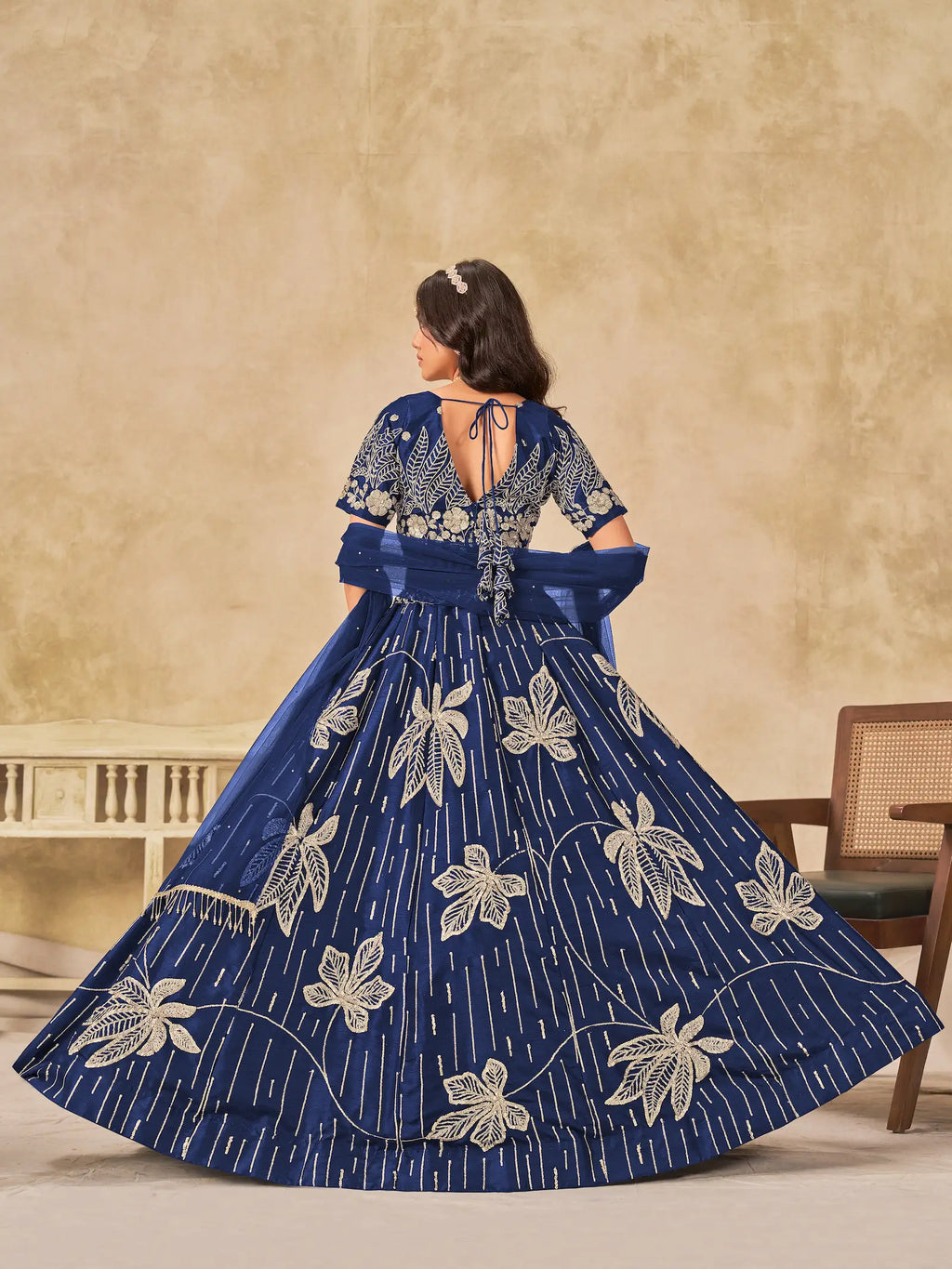 Navy Blue Sequins Embroidery Work Art Silk Lehenga Choli