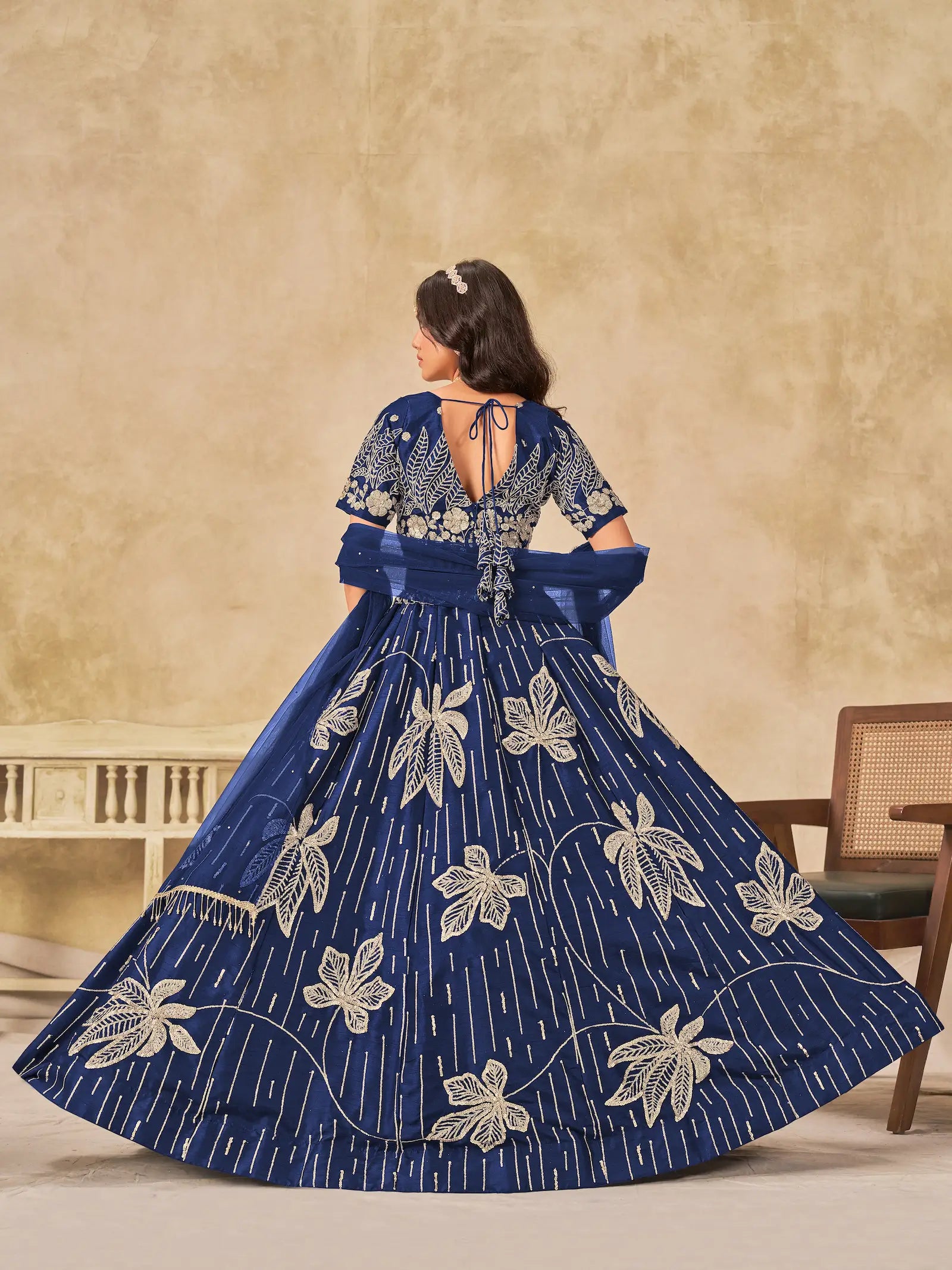 Navy Blue Sequins Embroidery Work Art Silk Lehenga Choli