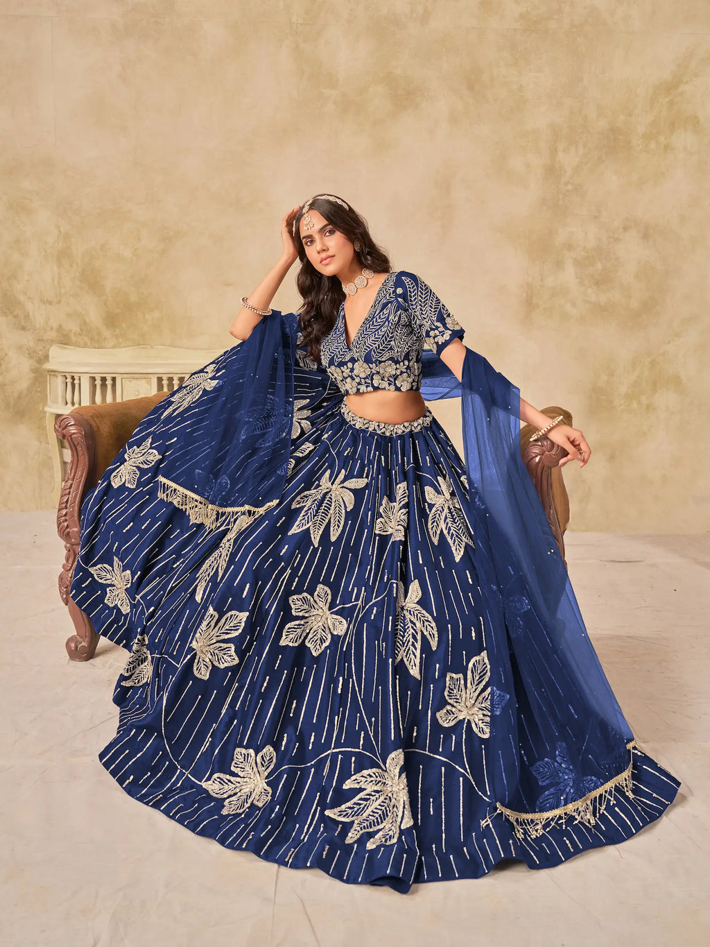 Navy Blue Sequins Embroidery Work Art Silk Lehenga Choli