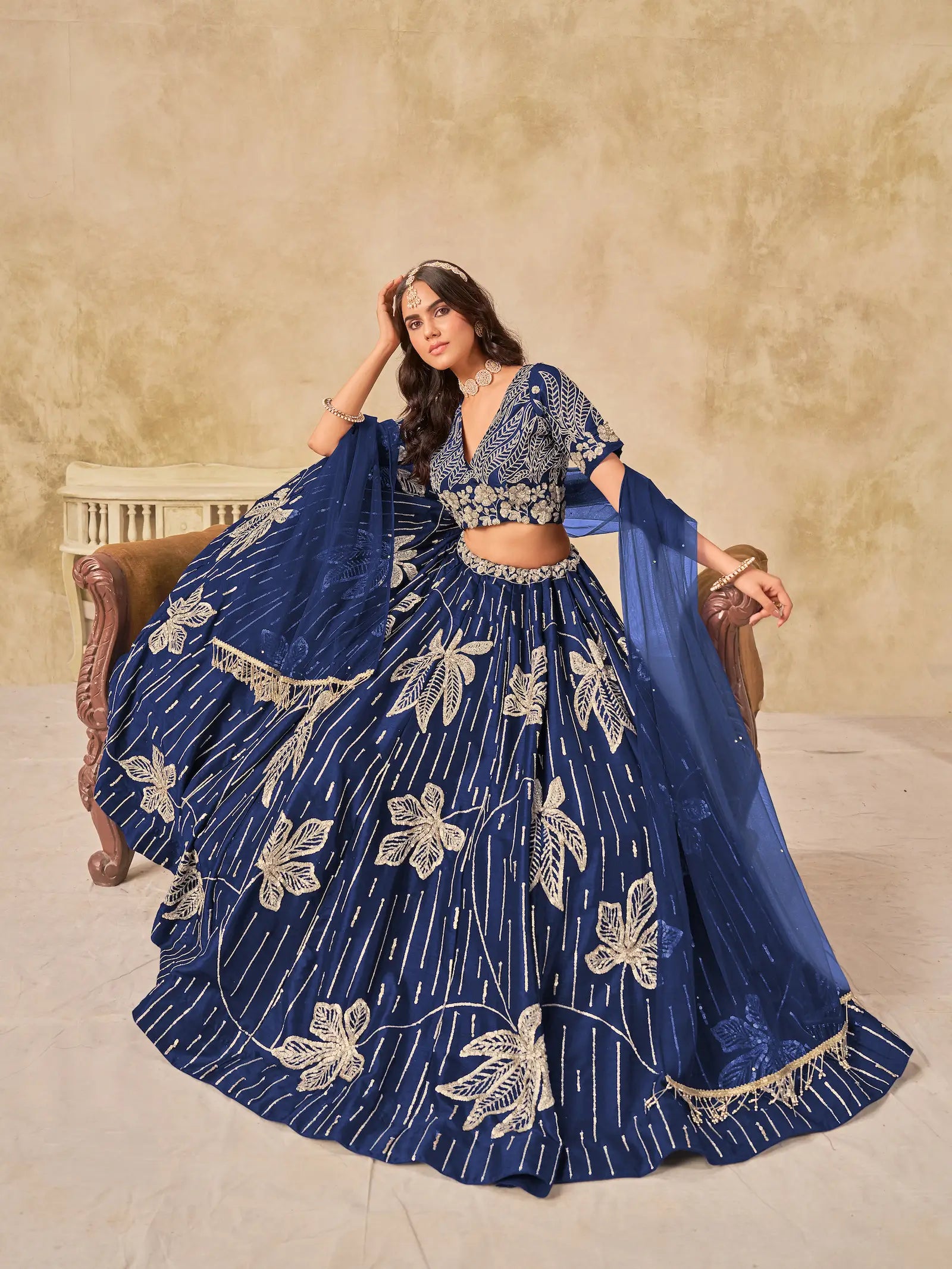 Navy Blue Sequins Embroidery Work Art Silk Lehenga Choli