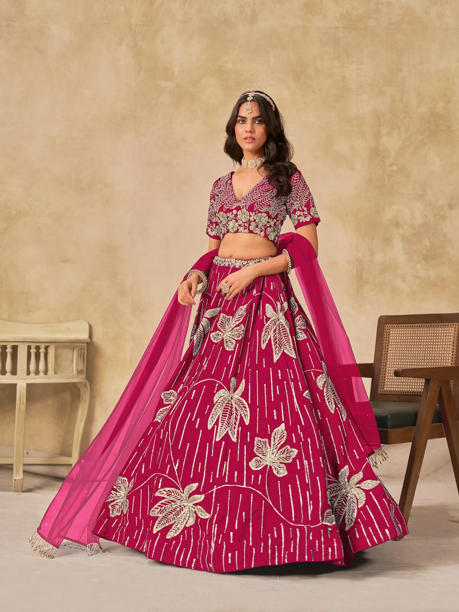 Pink Sequins Embroidery Work Art Silk Lehenga Choli