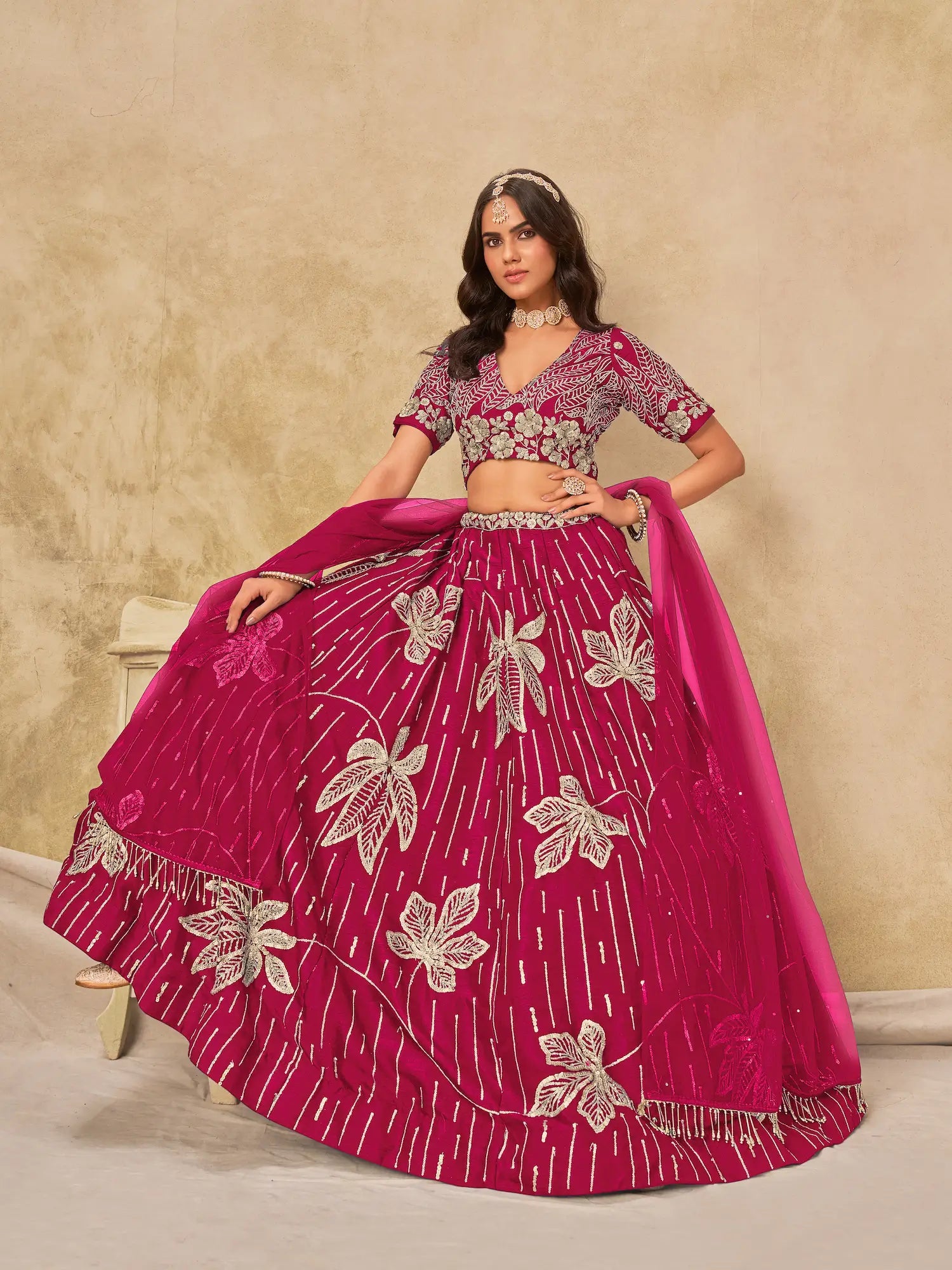 Pink Sequins Embroidery Work Art Silk Lehenga Choli