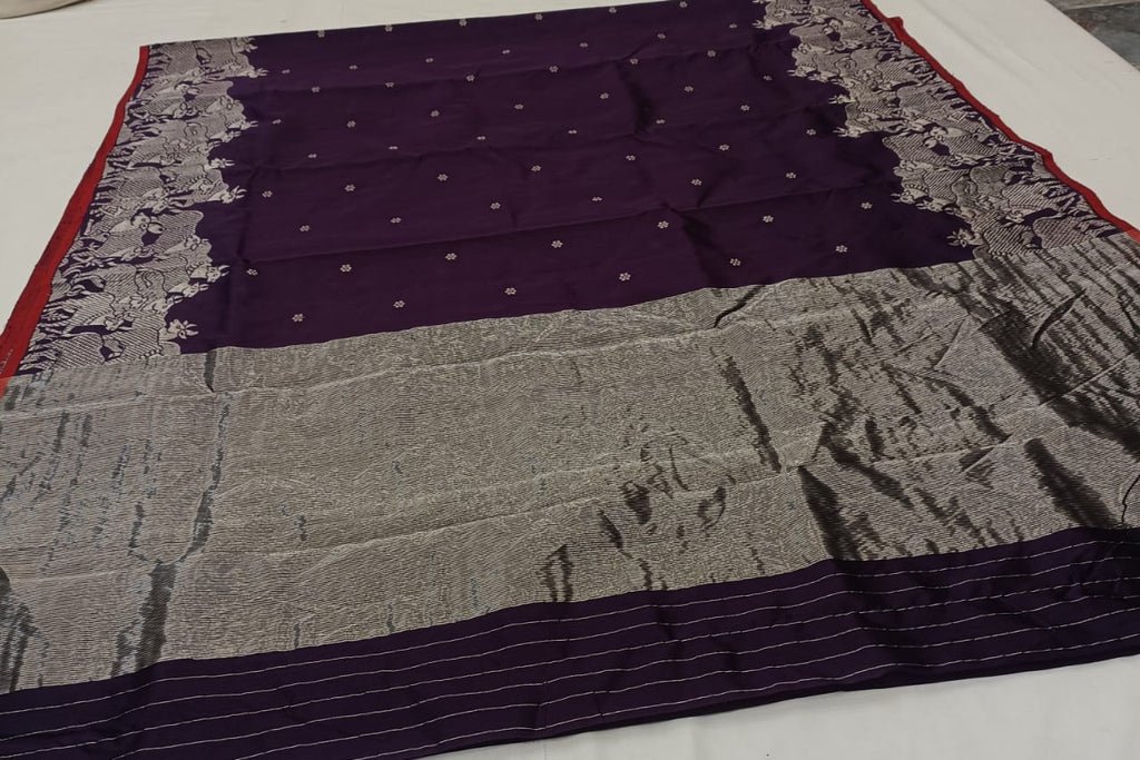 Dark Purple Chanderi Handloom Pattu Silk Handwork Saree