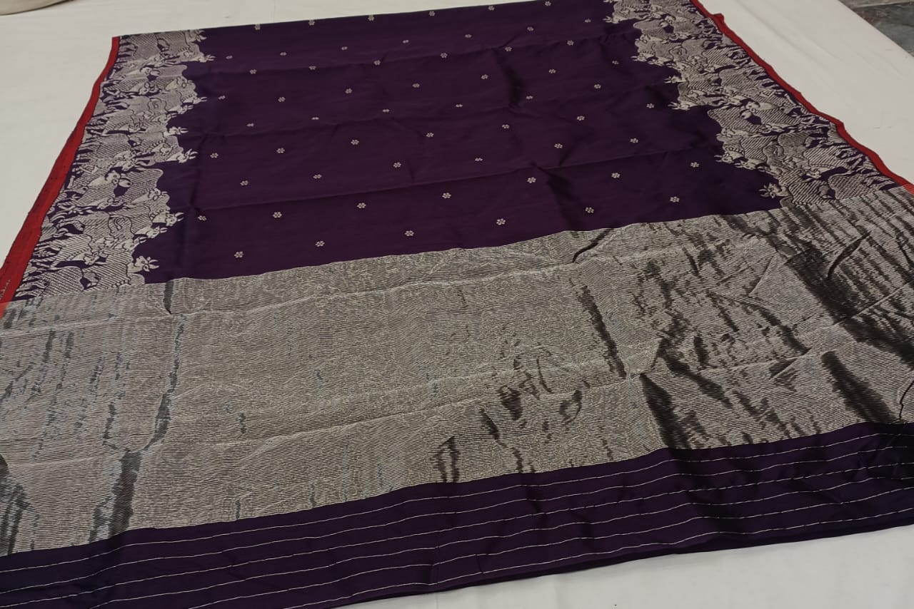 Dark Purple Chanderi Handloom Pattu Silk Handwork Saree
