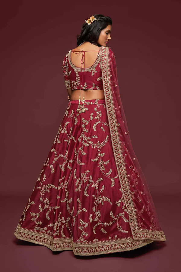 Maroon Silk Lehenga with Thread, Zari & Sequins Work