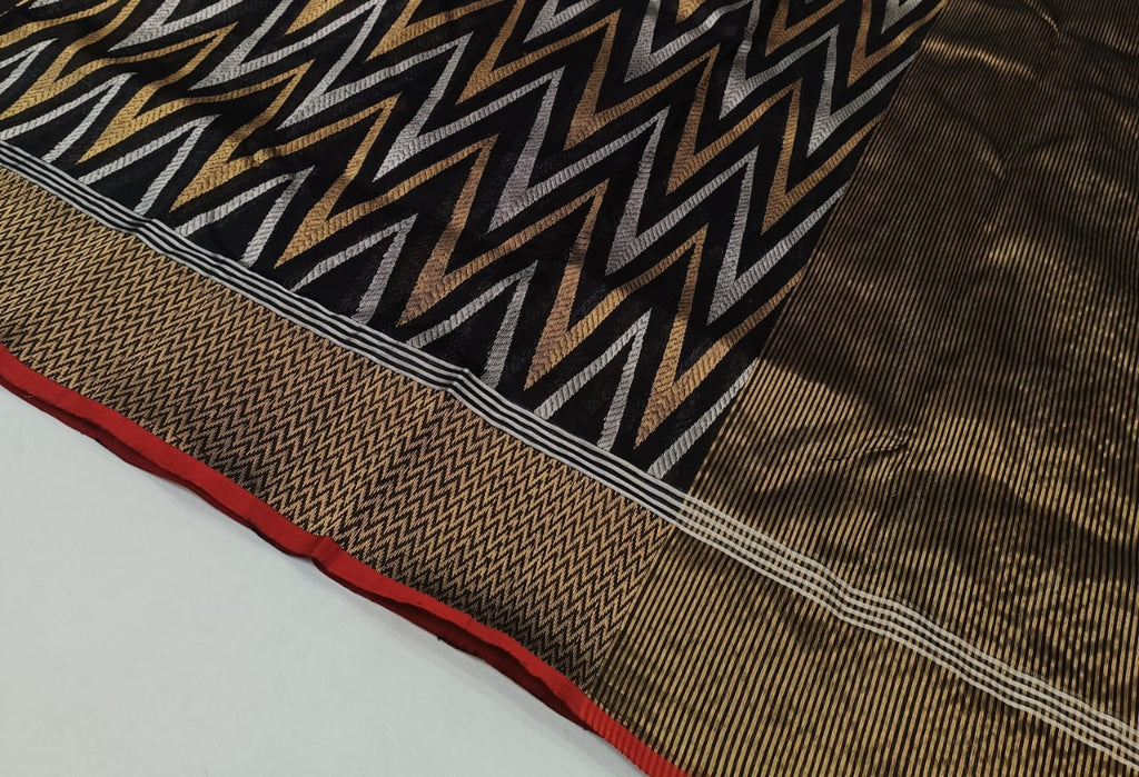 Black Chanderi Handloom Pattu Silk Handwork Saree