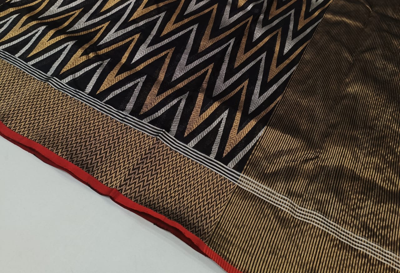 Black Chanderi Handloom Pattu Silk Handwork Saree