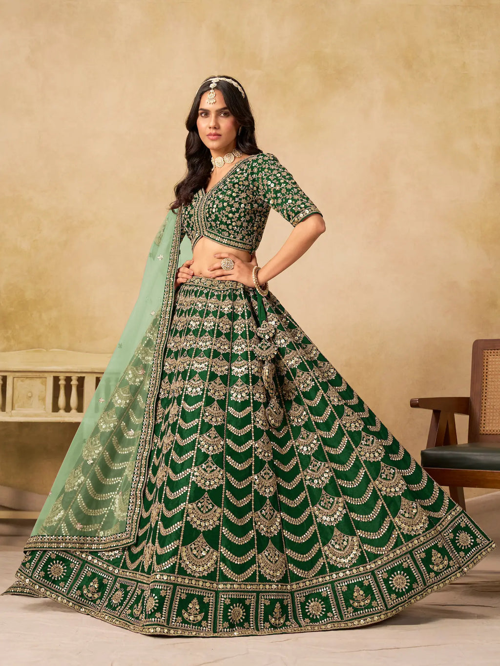Dark Green Sequins Embroidery Work Art Silk Lehenga