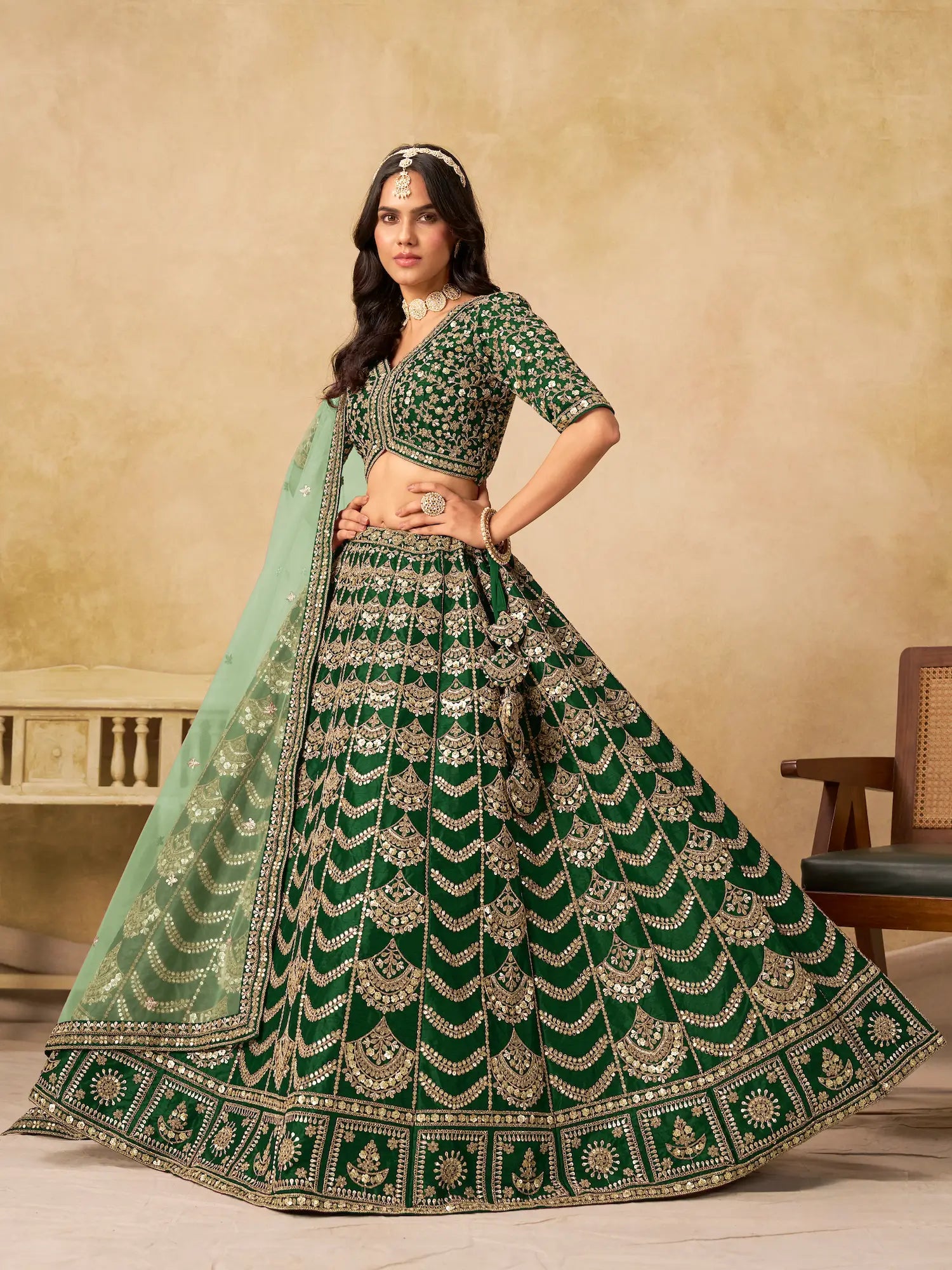Dark Green Sequins Embroidery Work Art Silk Lehenga