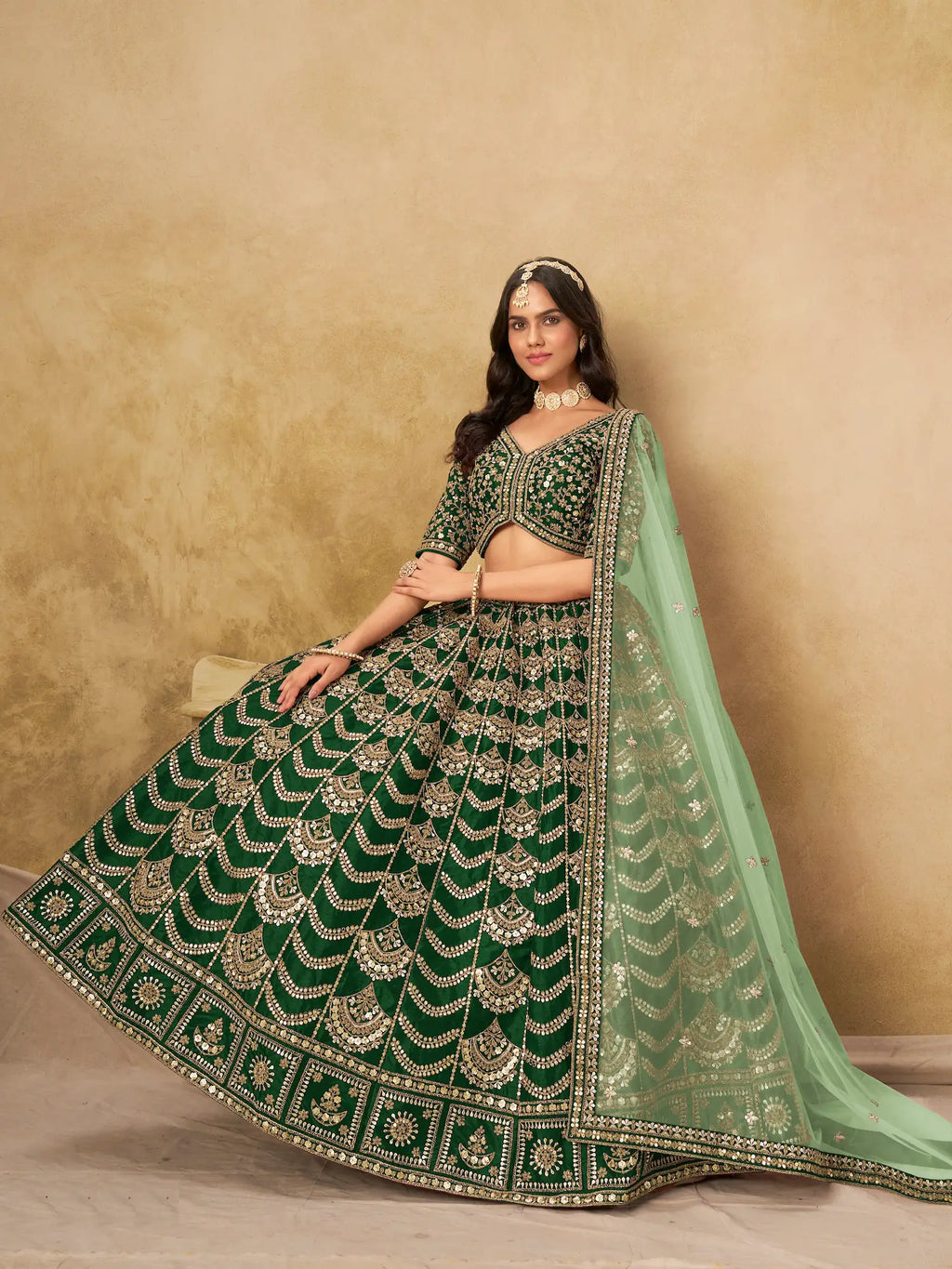 Dark Green Sequins Embroidery Work Art Silk Lehenga
