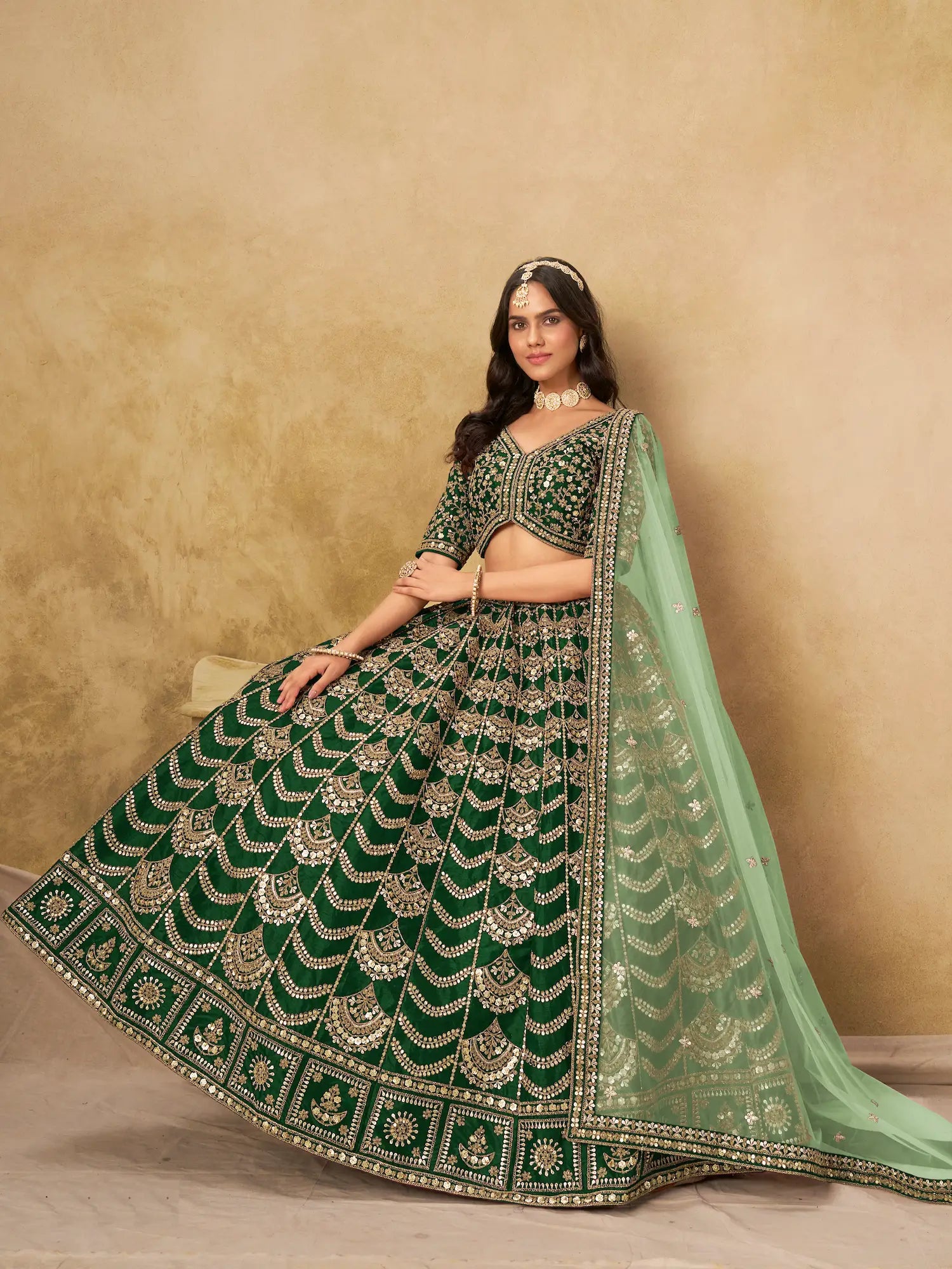 Dark Green Sequins Embroidery Work Art Silk Lehenga