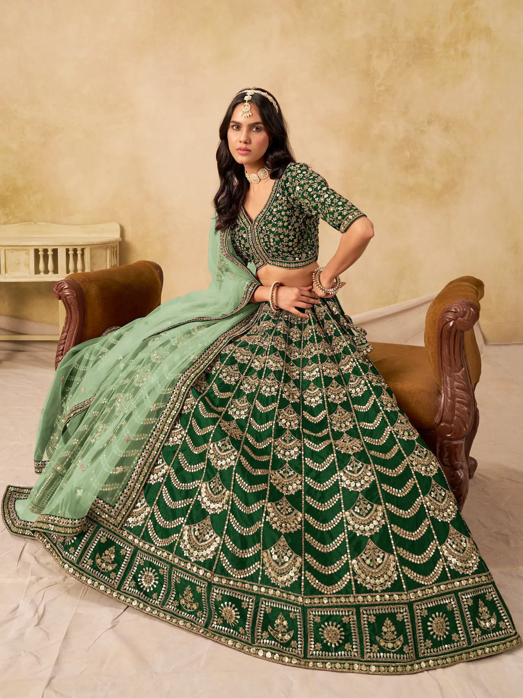 Dark Green Sequins Embroidery Work Art Silk Lehenga