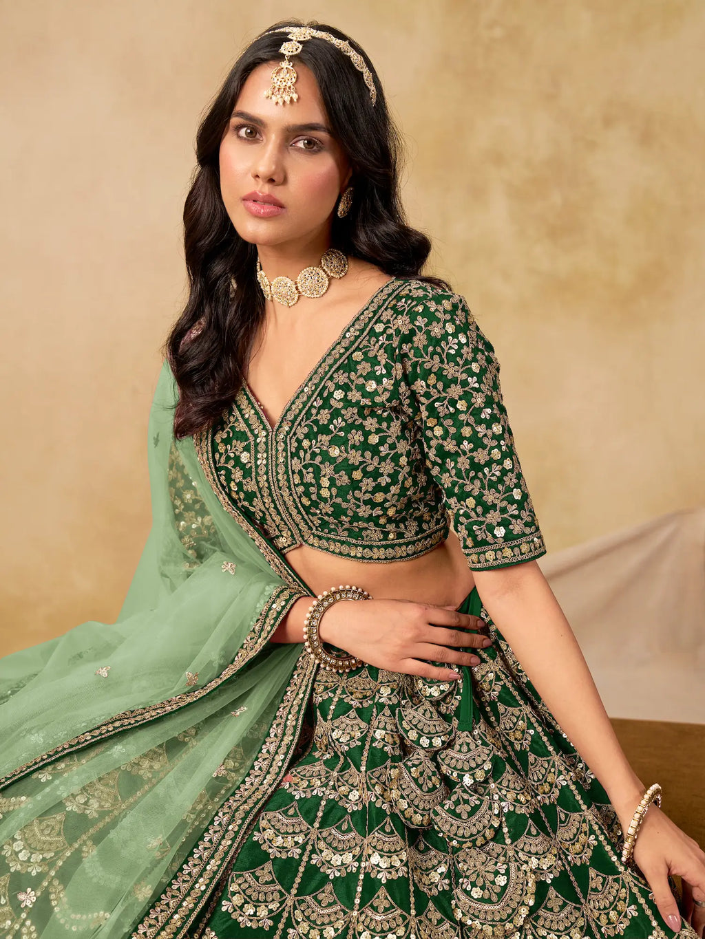 Dark Green Sequins Embroidery Work Art Silk Lehenga