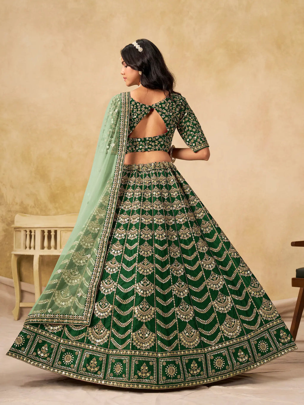 Dark Green Sequins Embroidery Work Art Silk Lehenga