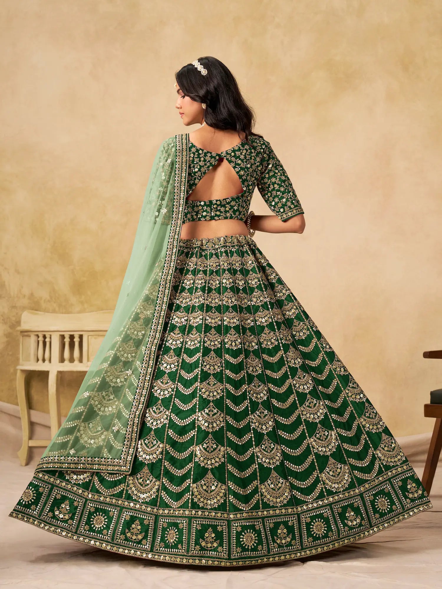 Dark Green Sequins Embroidery Work Art Silk Lehenga