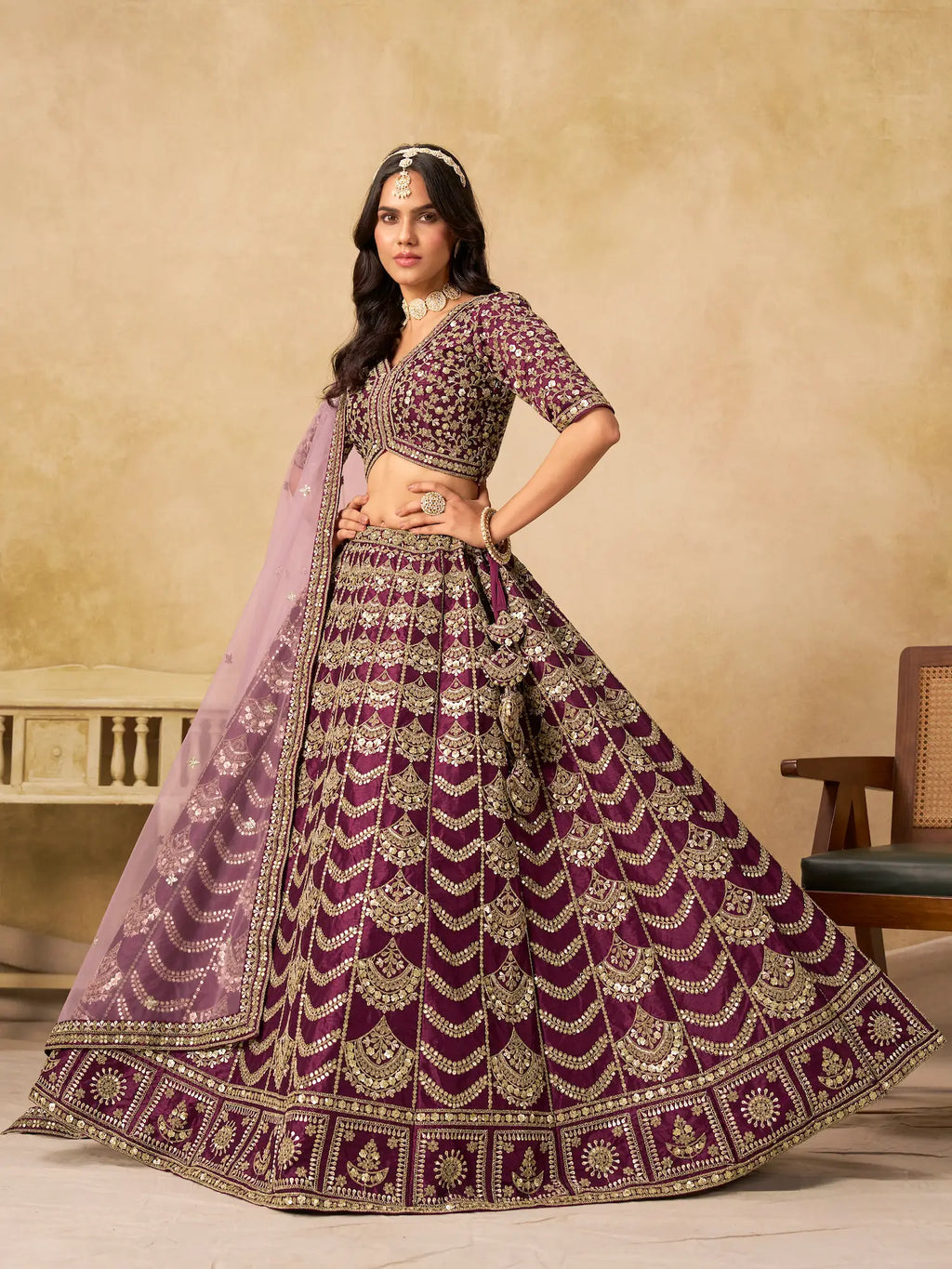 Wine Berry Sequins Embroidery Work Art Silk Lehenga