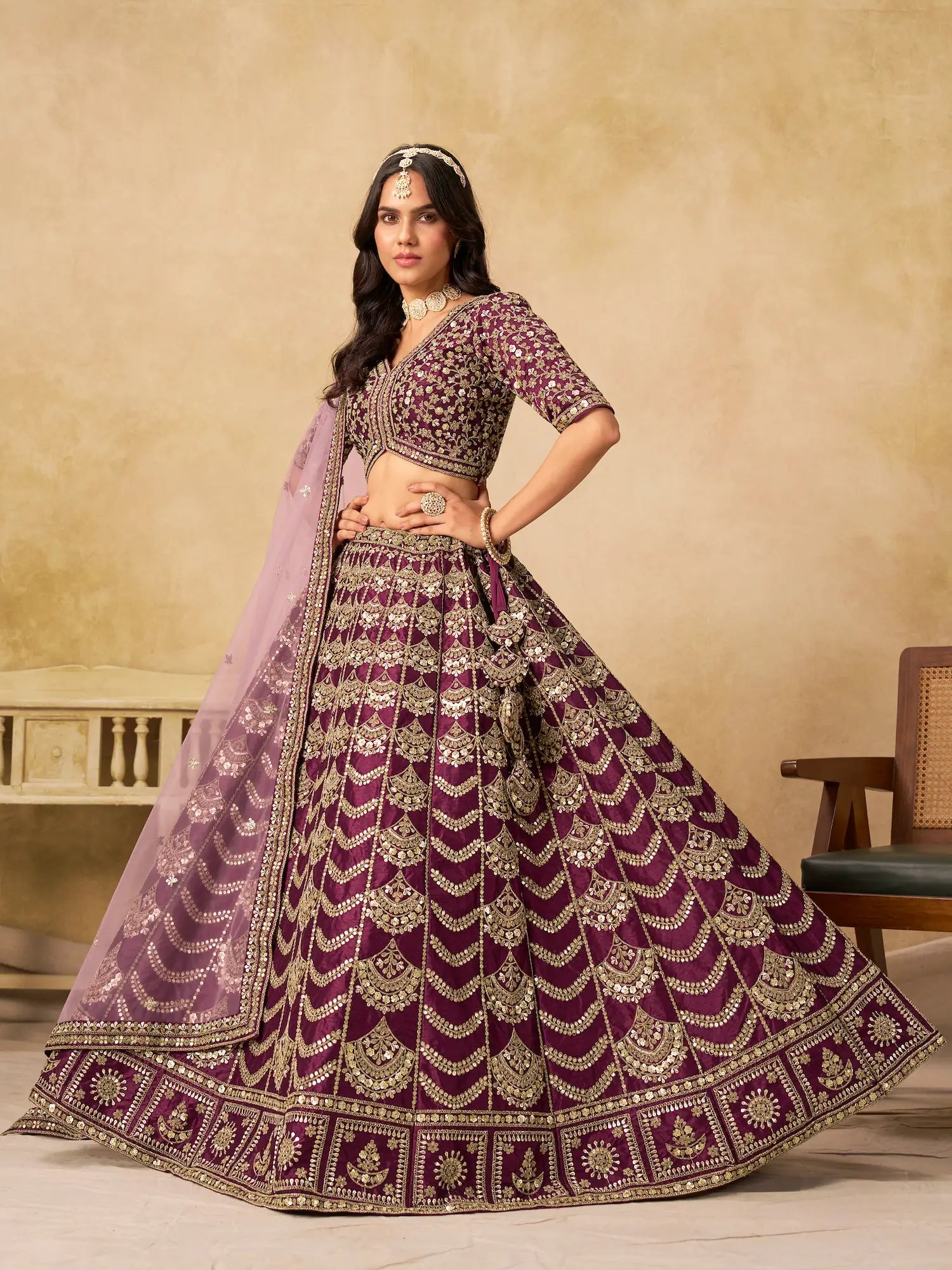 Wine Berry Sequins Embroidery Work Art Silk Lehenga